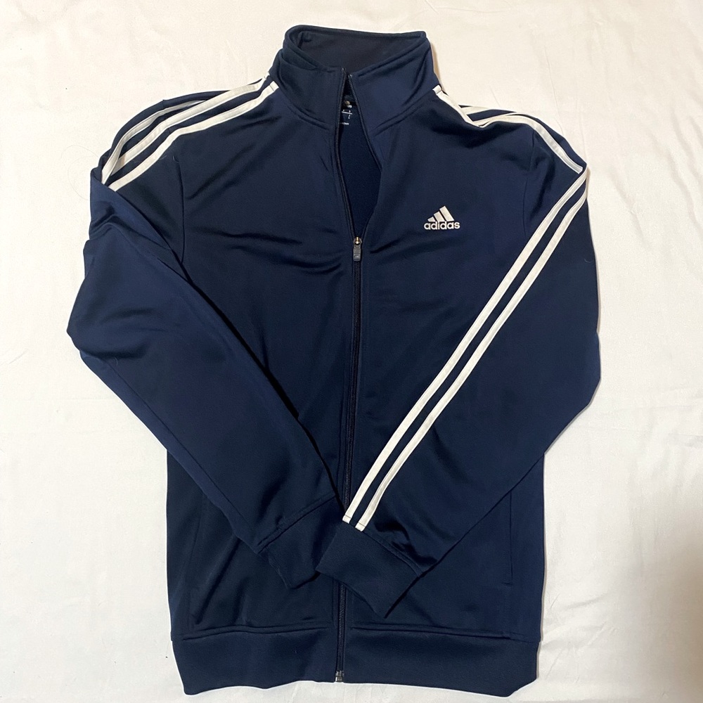 Navy blue Adidas zip jacket w/pockets 100% Poly size S - like new